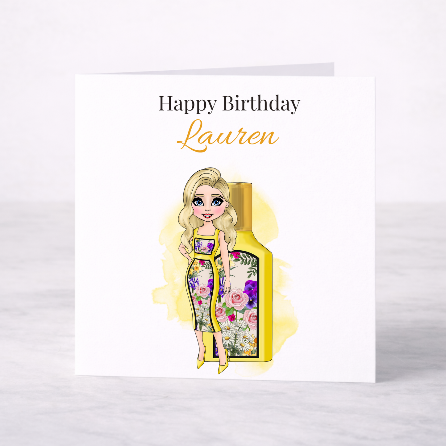 Personalised Floral Perfume Birthday Card – Custom Name Card for Her
