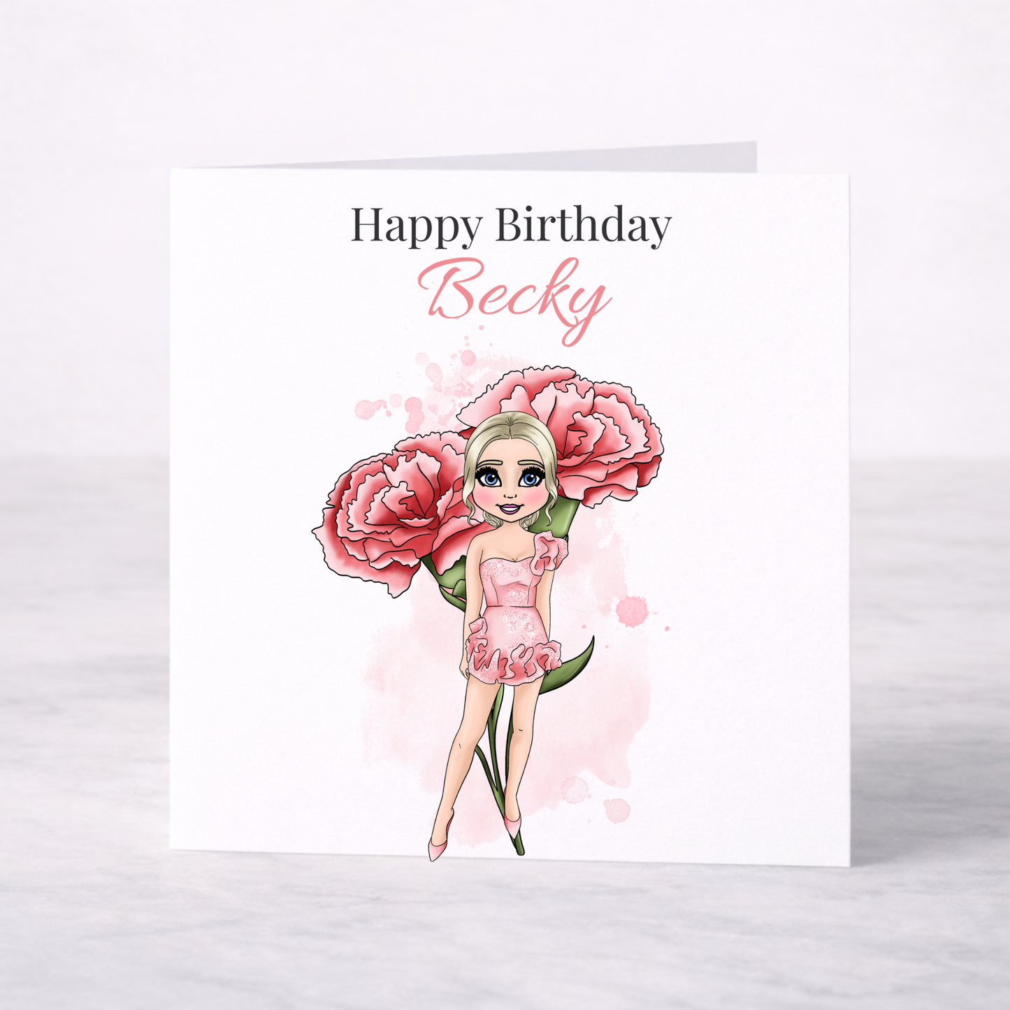 Personalised January Birth Flower Birthday Card – Carnation Design, Custom Name, Choice of Girl
