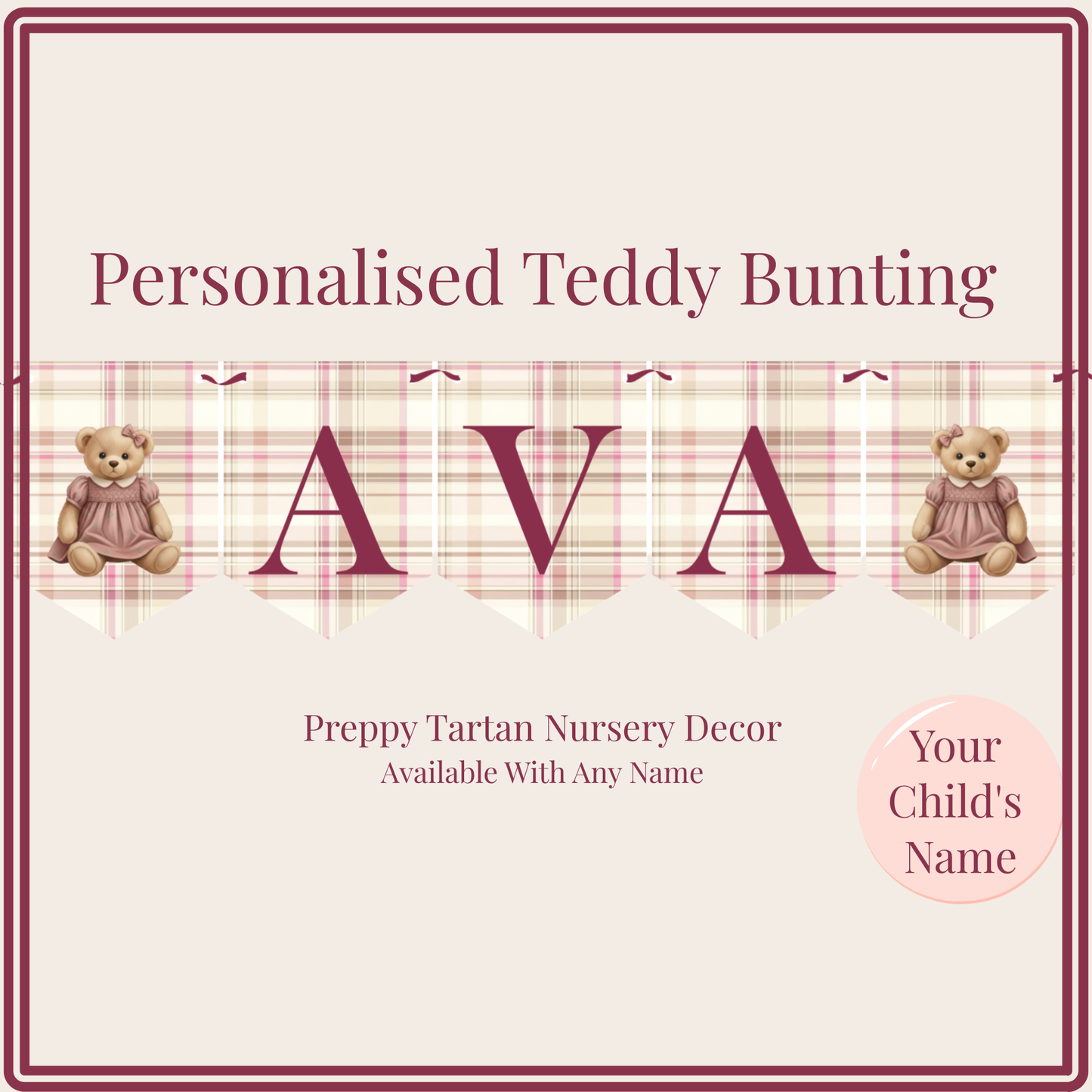 Personalised Preppy Teddy Bear Name Bunting – Blush Tartan Girl Nursery Decoration