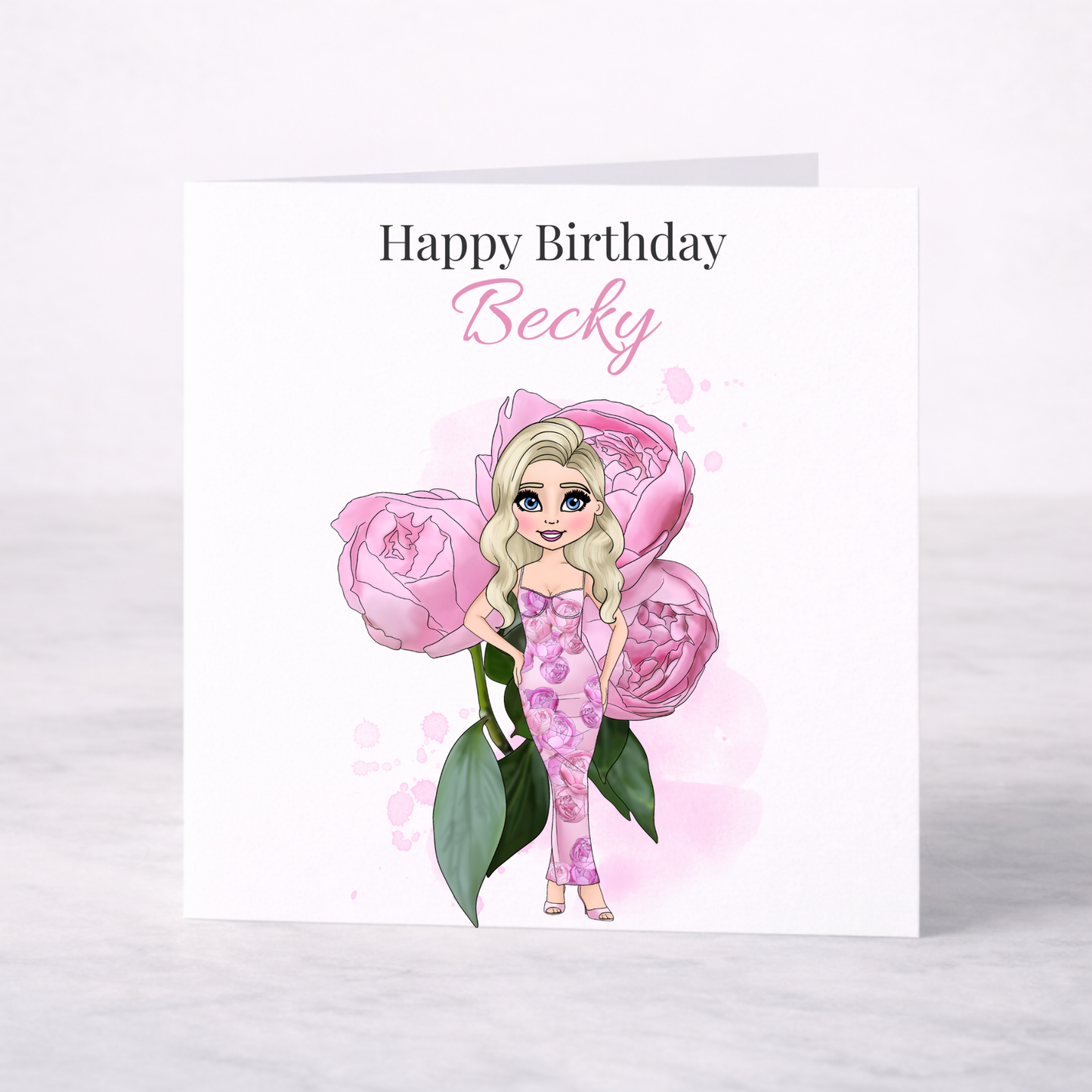 Personalised Peony Floral Birthday Card – Custom Name, Choice of Girl, Elegant Birthday Card for Her