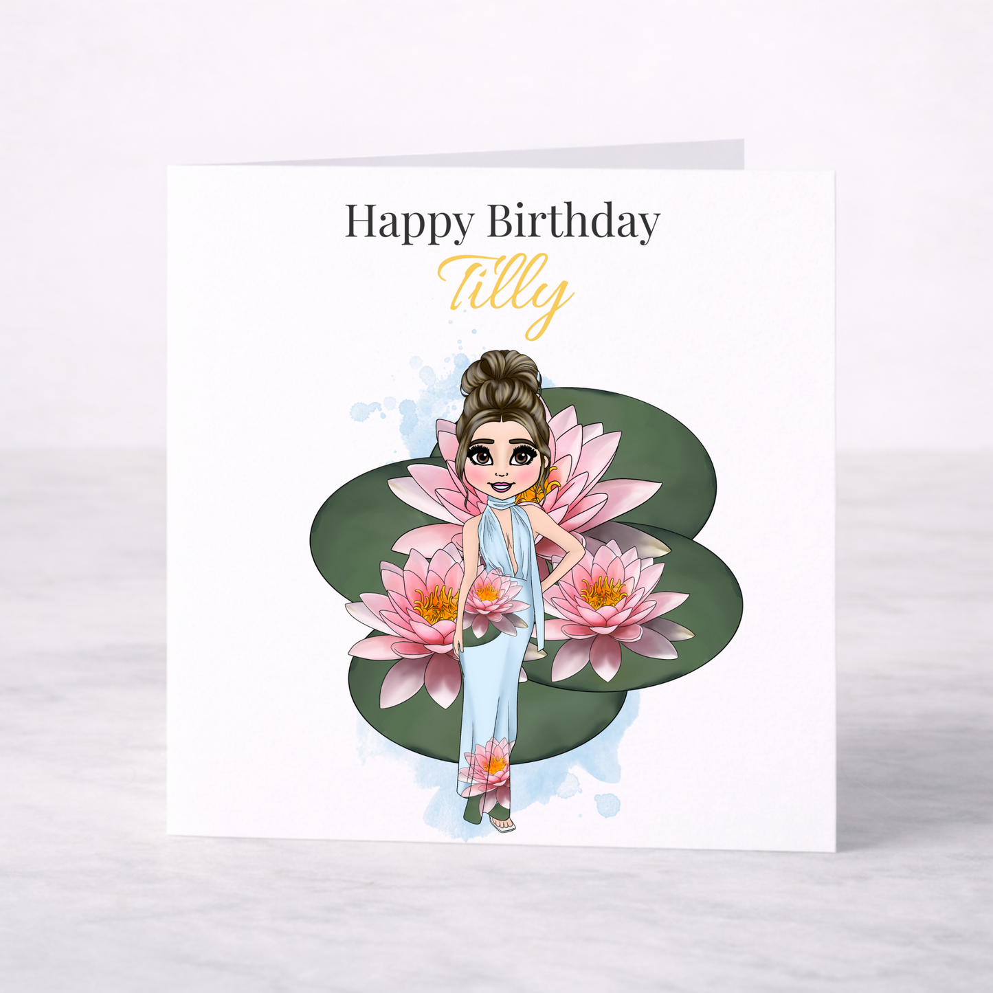 Personalised July Birth Flower Birthday Card – Water Lily Design, Custom Name, Choice of Girl