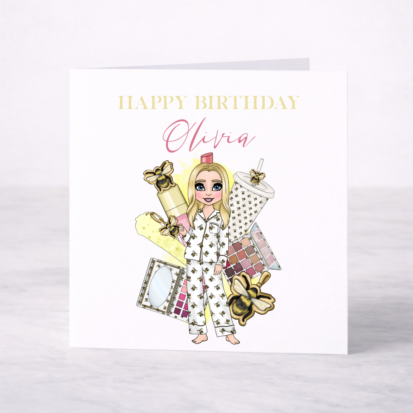 Personalised Makeup Birthday Card – Teen Girl Bee Pyjama Design