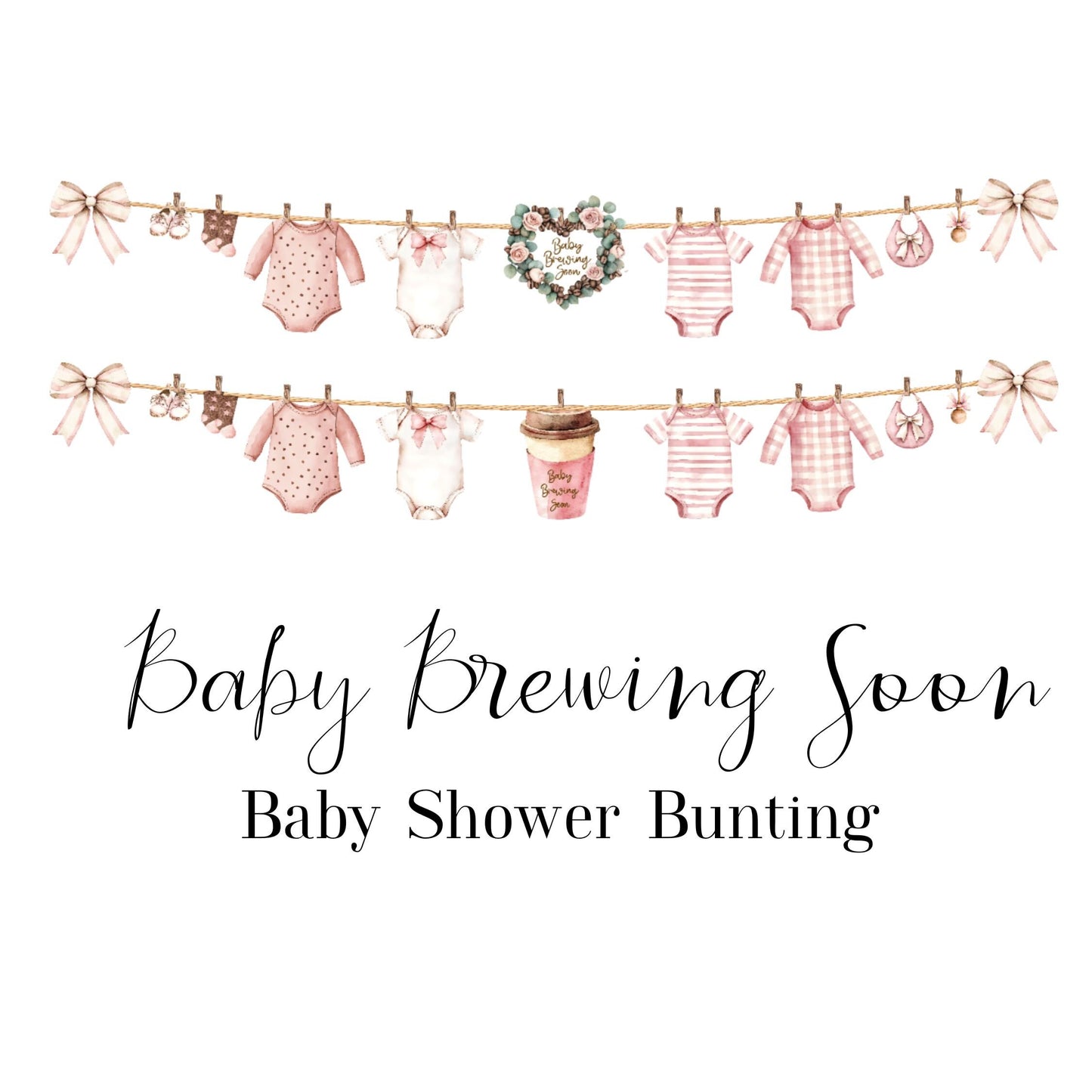 Baby Brewing Soon Clothesline Bunting – Handmade Baby Shower Garland with Mini Pegs, Heart or Coffee Cup Design