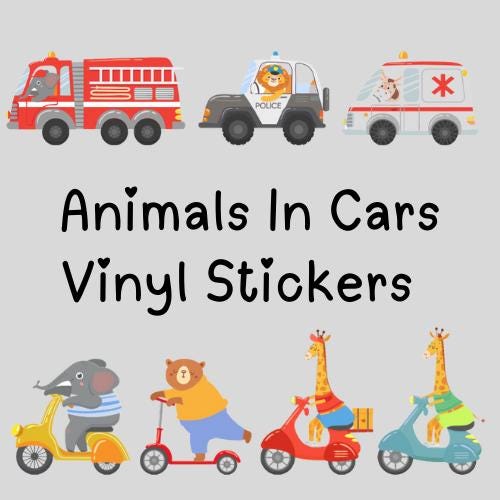 Animals in Cars Vinyl Wall Stickers – Cute Safari Vehicle Decals – Matt or Glossy Finish