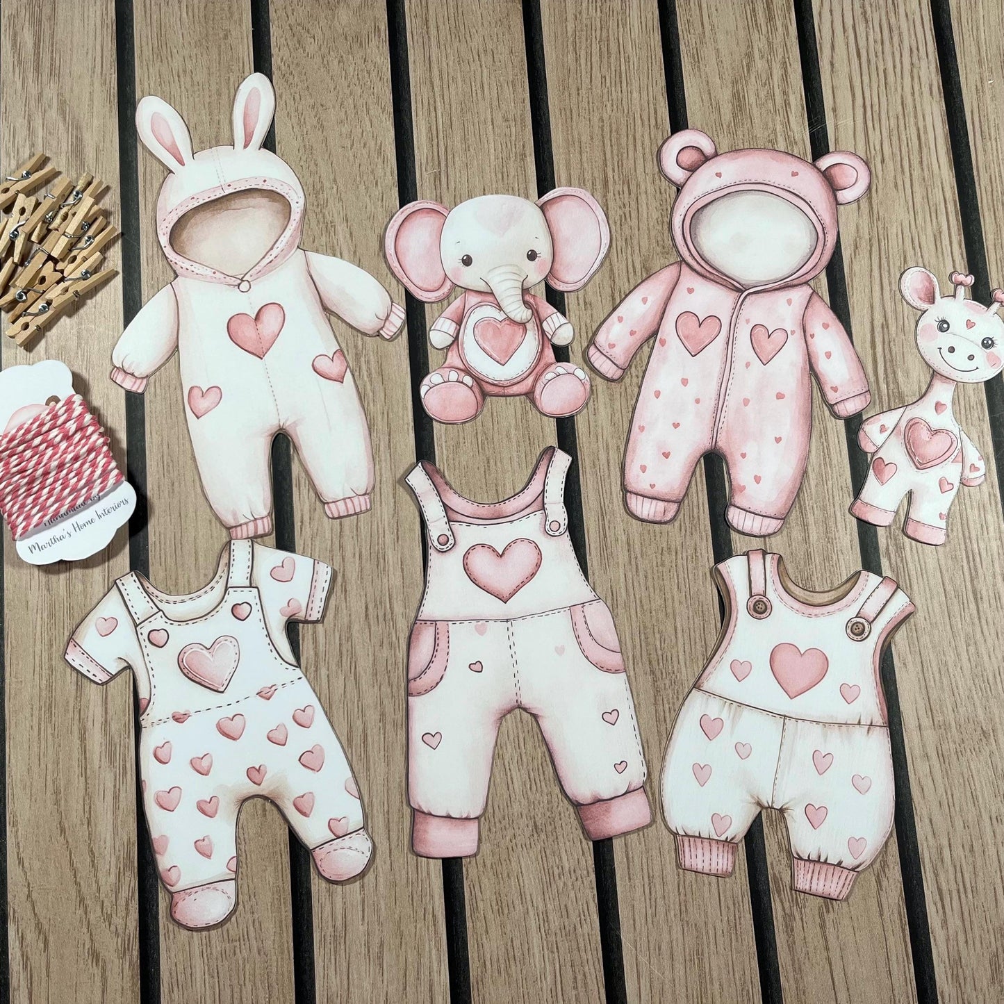 Pink Heart Baby Shower Bunting – Baby Clothes Garland with Wooden Pegs