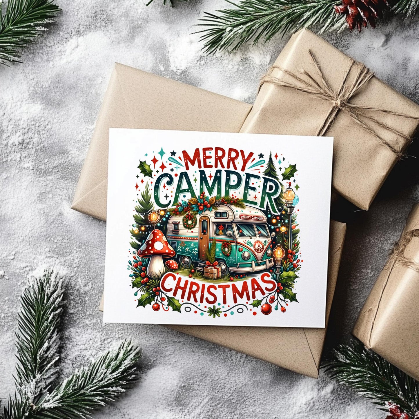 Vintage Caravan Christmas Card: Happy Holidays Camper Theme