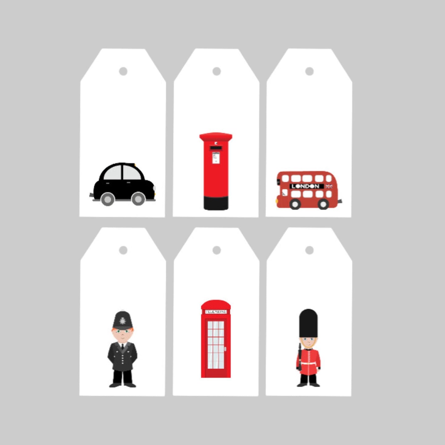 London Gift Tags Set of 7 – Handmade Tags with Soldier, Bus, Taxi, Post Box & Telephone Designs ,
