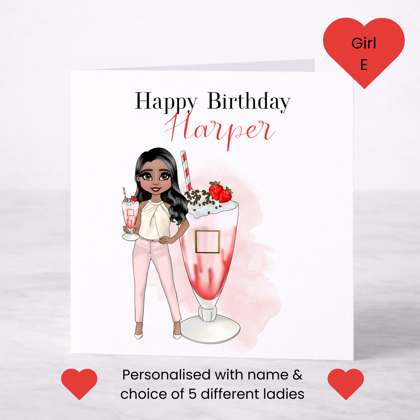 Personalised Strawberry Vodka Cocktail Greeting Card – Choice of Girl, Custom Name Card for Her