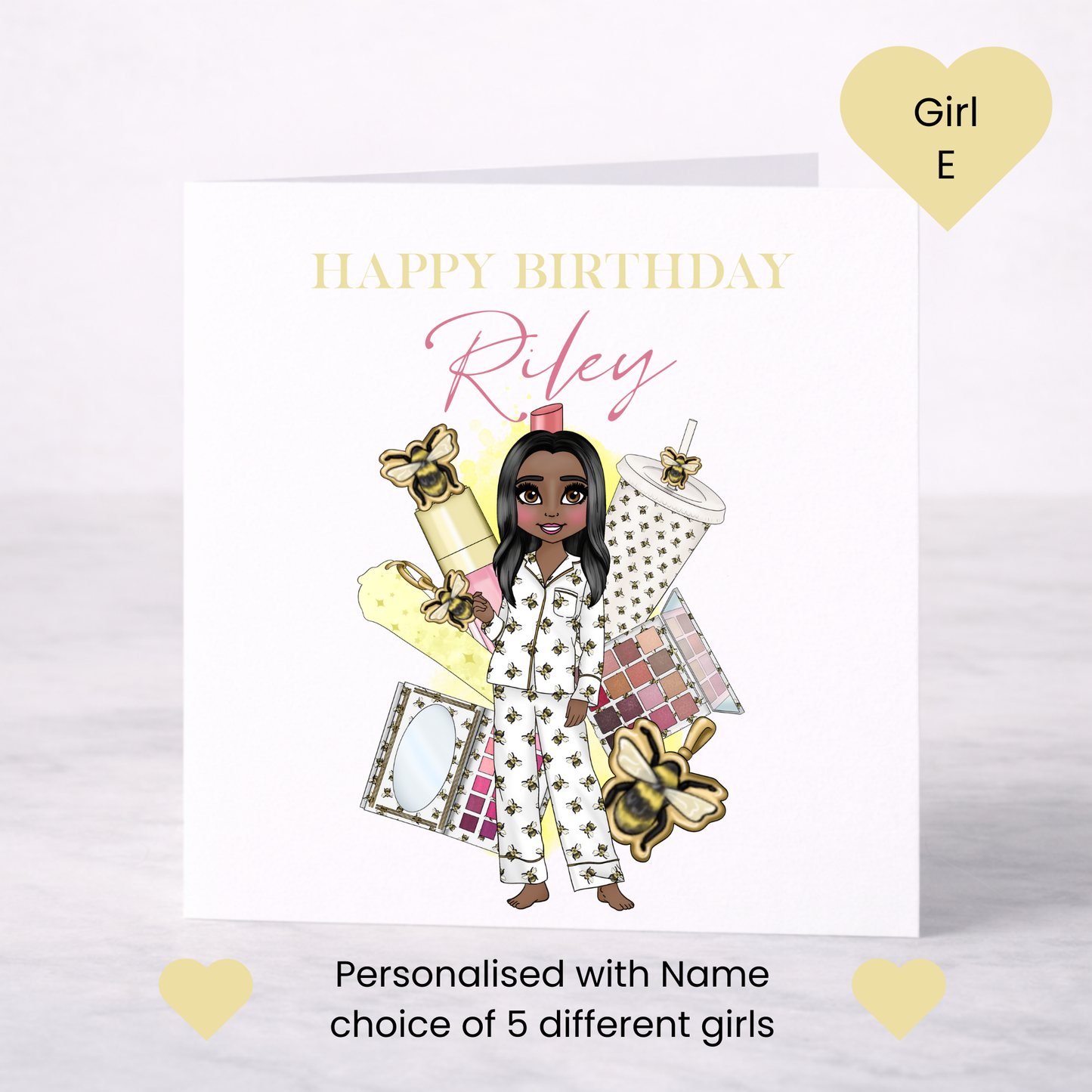Personalised Makeup Birthday Card – Teen Girl Bee Pyjama Design