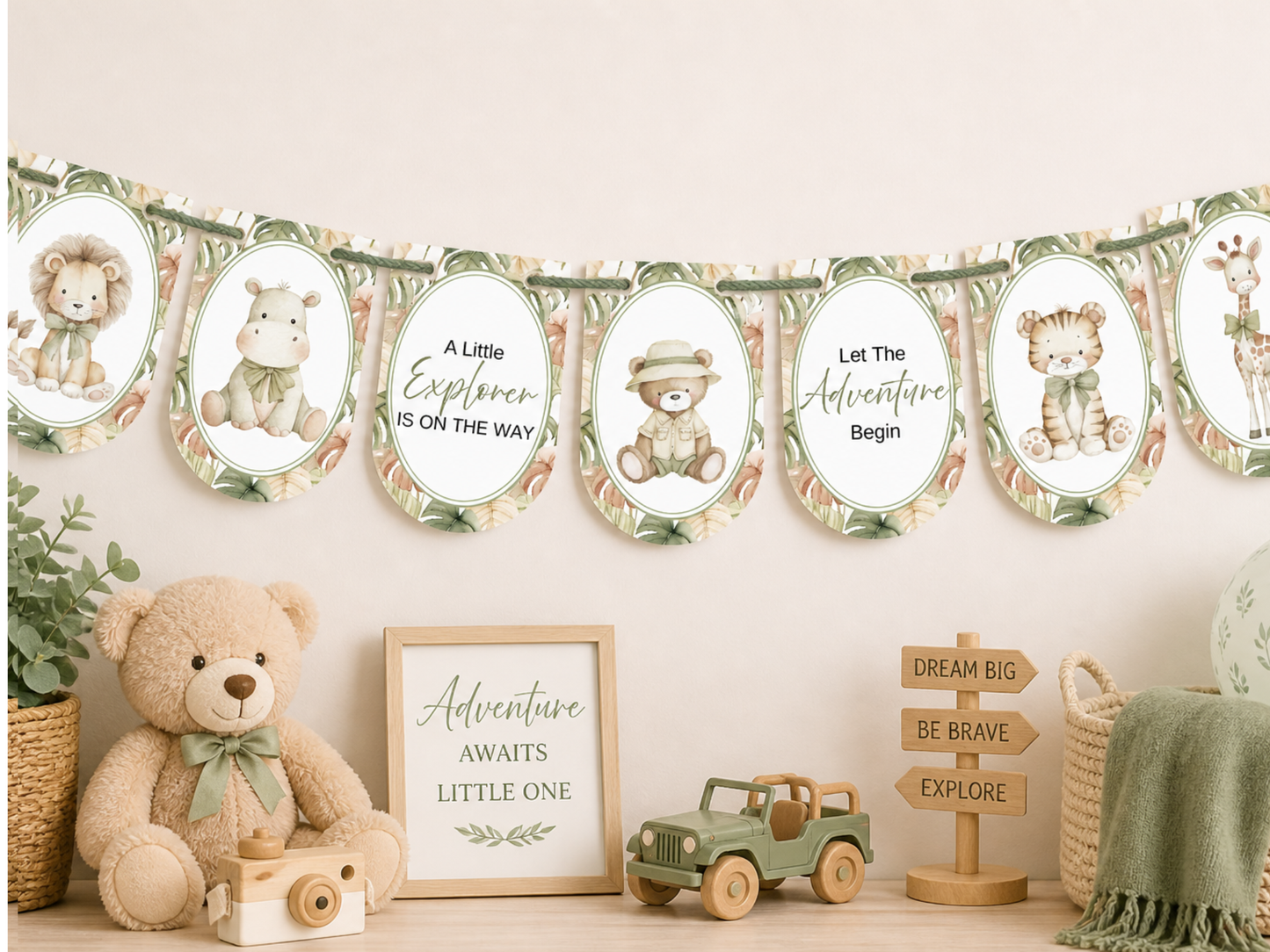 Safari Baby Shower Bunting, Let The Adventure Begin Banner, Little Explorer Garland, Neutral Safari Baby Shower Decorations