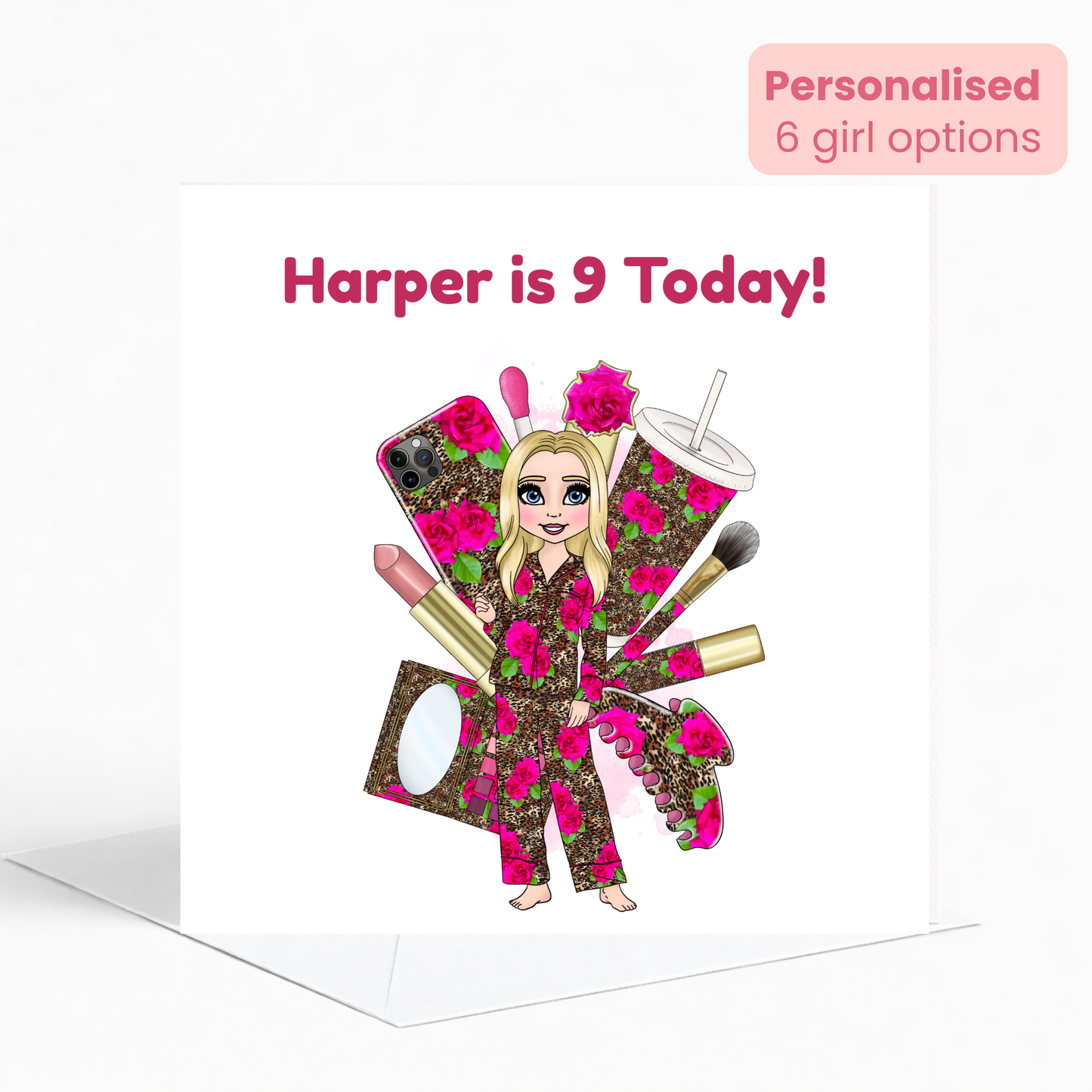Personalised Makeup & Leopard Print Pyjama Birthday Card for Girls