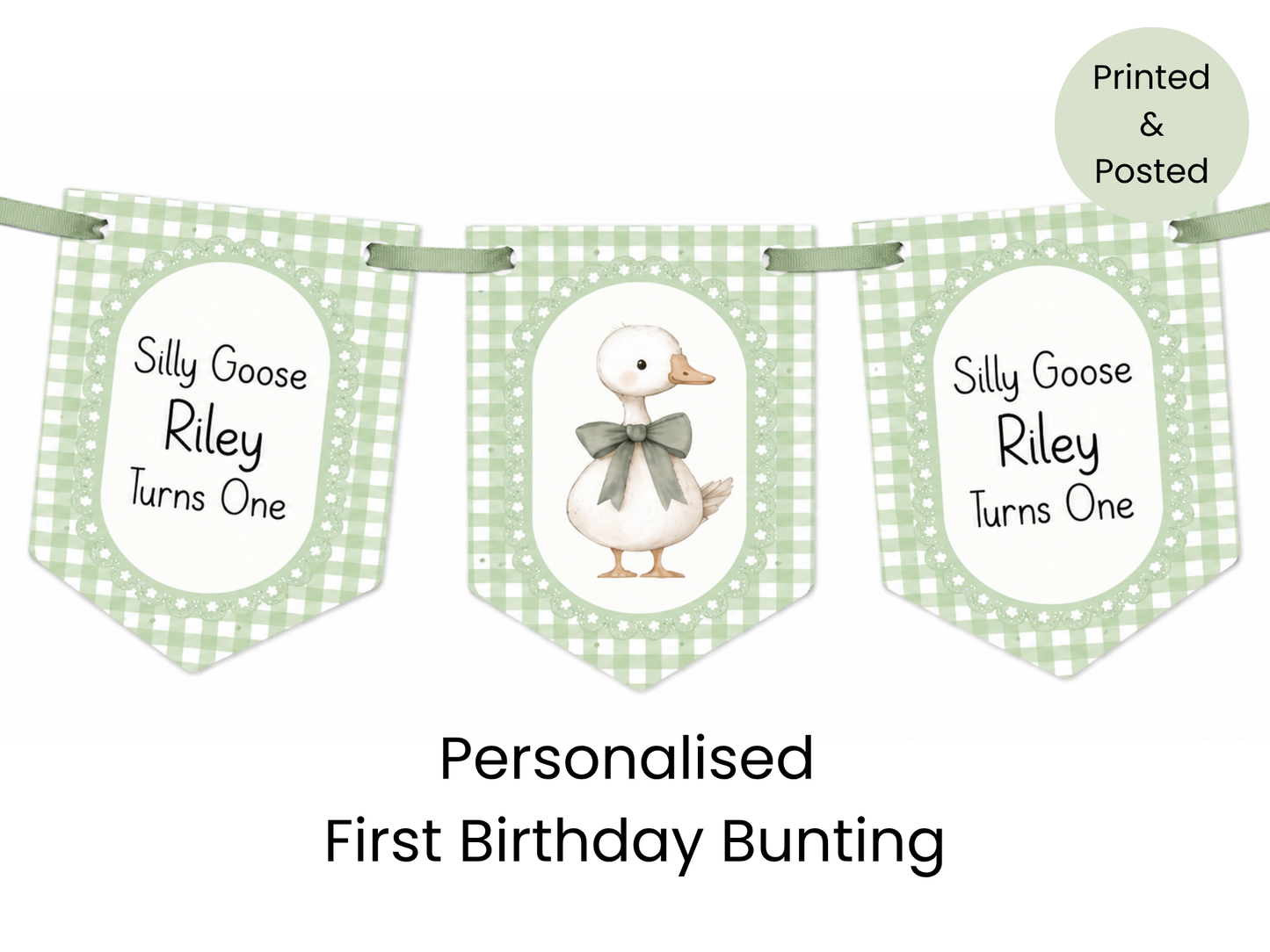 Personalised Silly Goose Turns One Birthday Bunting – First Birthday Banner Pink or Sage Green