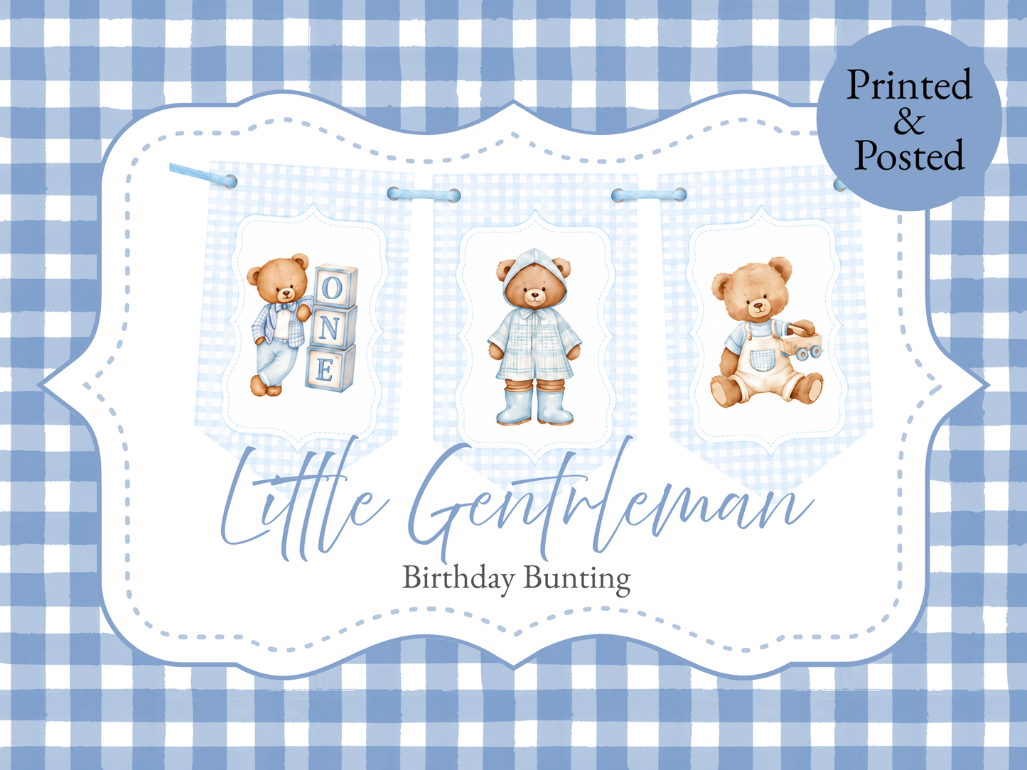 Personalised Teddy Bear Birthday Bunting | Blue Gingham 1st & 2nd Birthday Banner