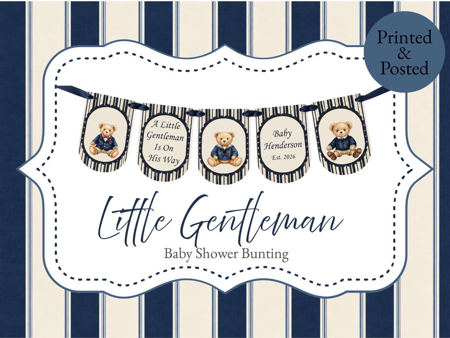 Little Gentleman Birthday Bunting – Personalised Teddy Bear Banner Age 1–3