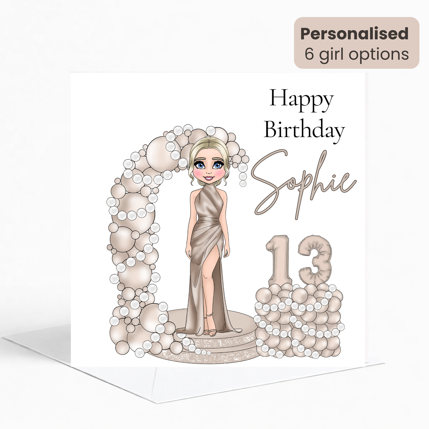 Personalised Champagne & Pearls Birthday Card for Her – Elegant Age Birthday Card for Teens & Young Adults
