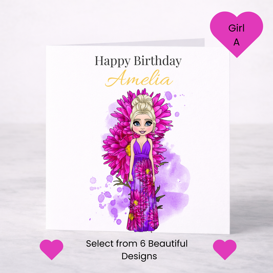 Personalised September Birth Flower Birthday Card – Aster Design, Custom Name, Choice of Girl