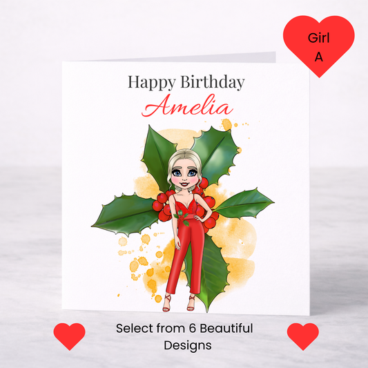 Personalised December Birth Flower Birthday Card – Holly Design, Custom Name, Choice of Girl