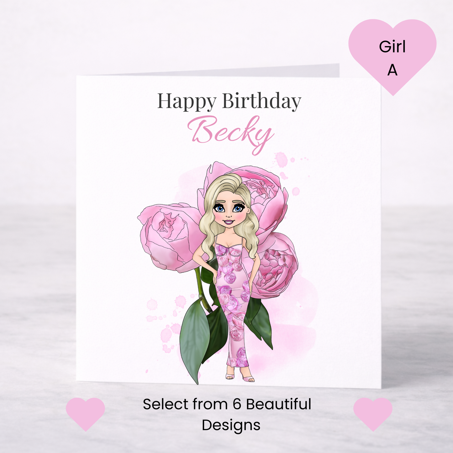 Personalised Peony Floral Birthday Card – Custom Name, Choice of Girl, Elegant Birthday Card for Her
