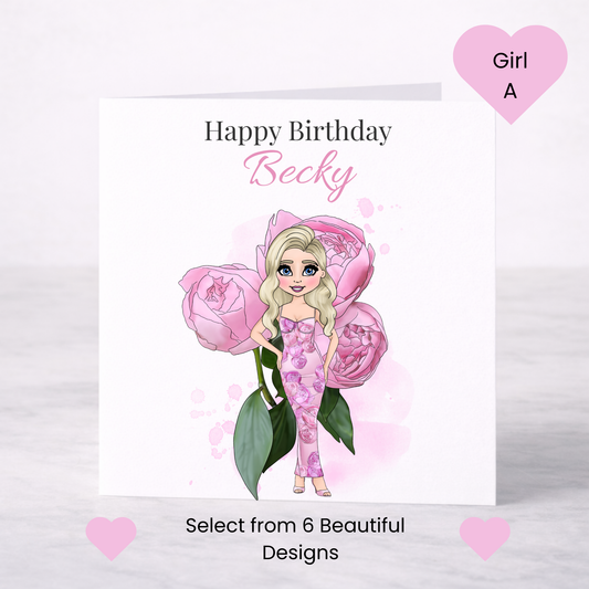 Personalised Peony Floral Birthday Card – Custom Name, Choice of Girl, Elegant Birthday Card for Her