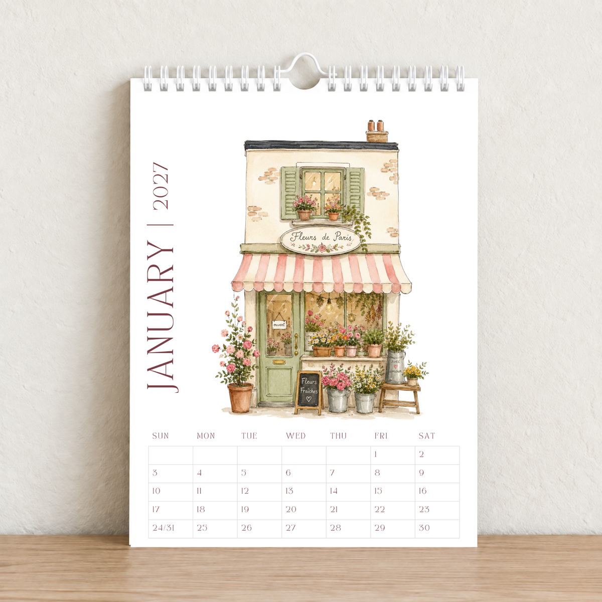 Little French Cafés 2027 A4 Wall Calendar - Design B