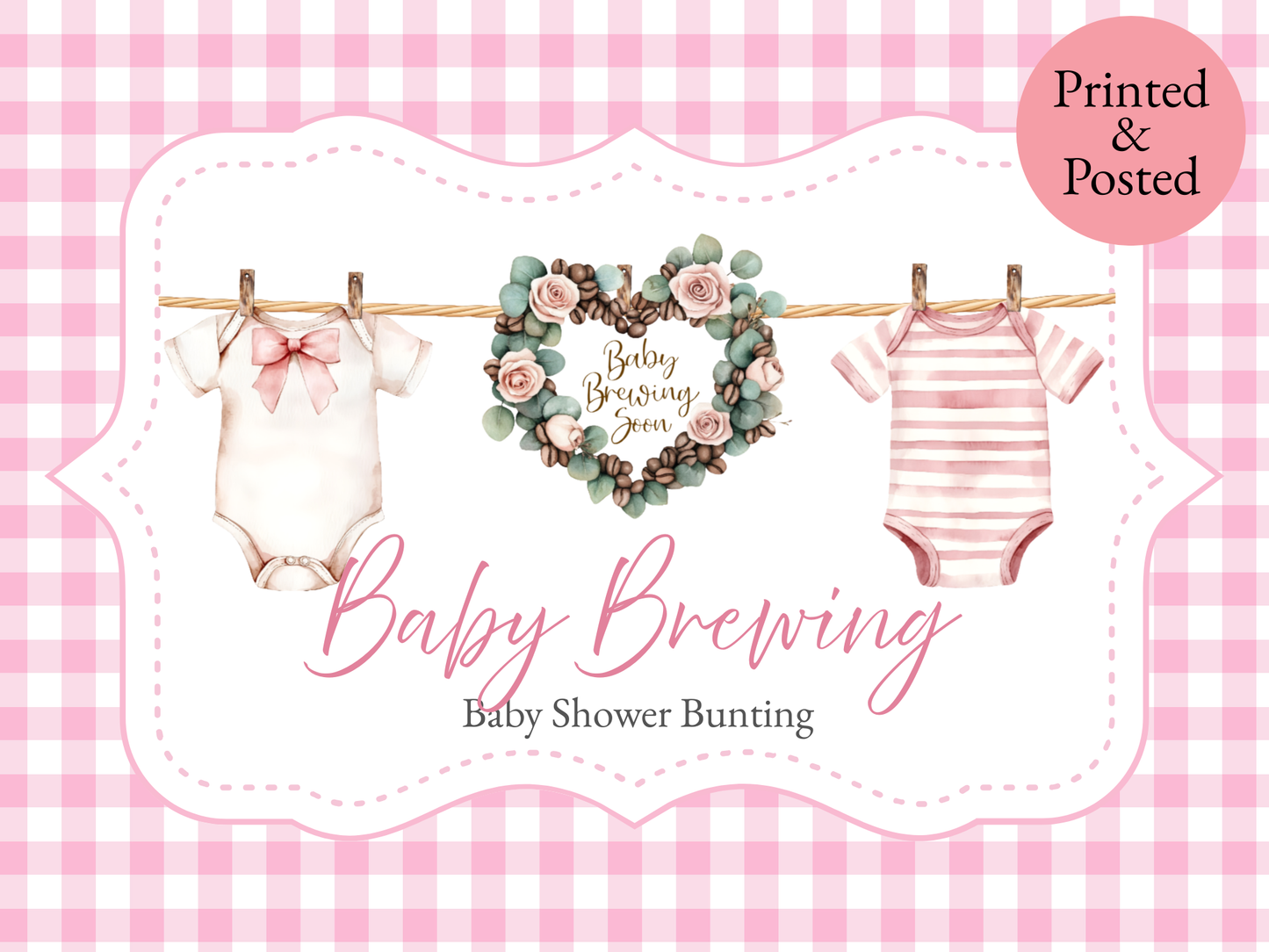 Baby Brewing Soon Clothesline Bunting – Handmade Baby Shower Garland with Mini Pegs, Heart or Coffee Cup Design