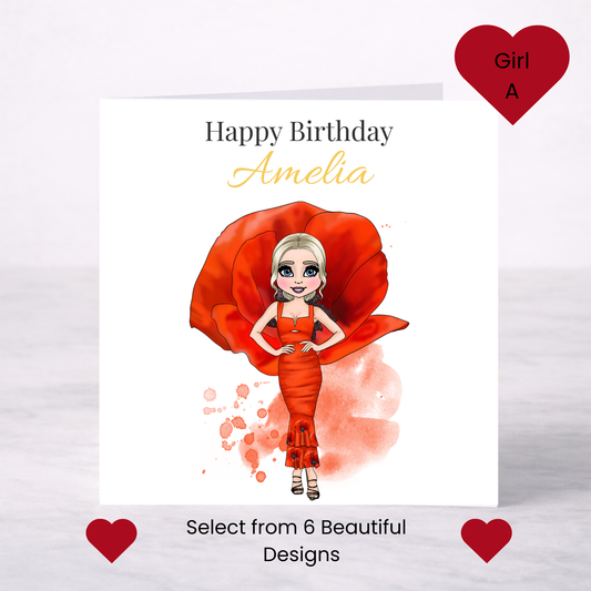 Personalised August Birth Flower Birthday Card – Poppy Design, Custom Name, Choice of Girl