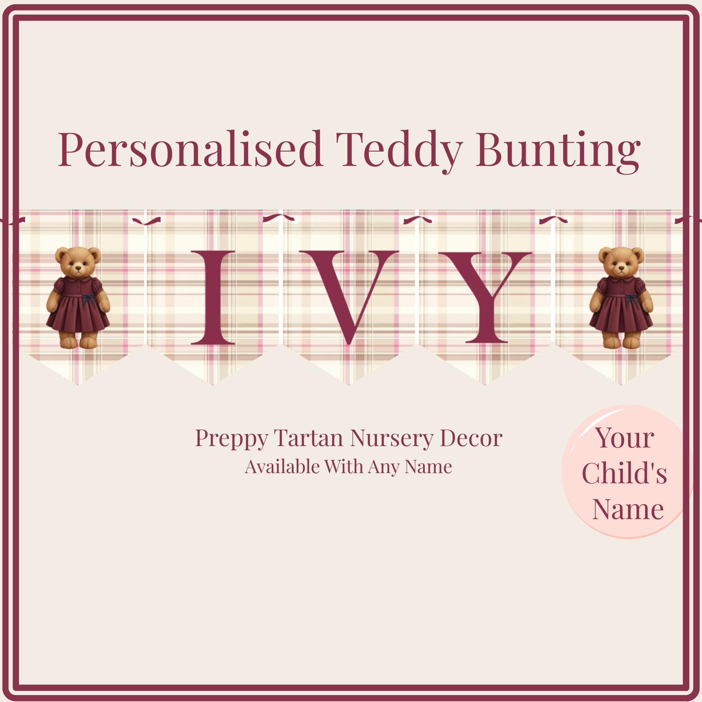 Personalised Preppy Teddy Bear Name Bunting – Blush Tartan Girl Nursery Decoration