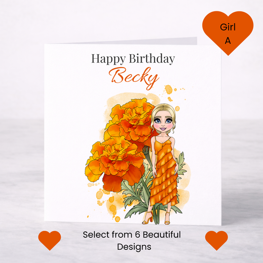Personalised October Birth Flower Birthday Card – Marigold Design, Custom Name, Choice of Girl