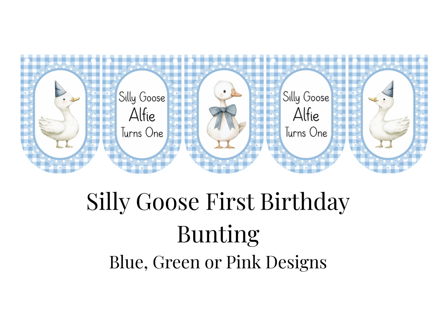 Personalised Silly Goose Turns One Birthday Bunting – First Birthday Banner Pink or Sage Green