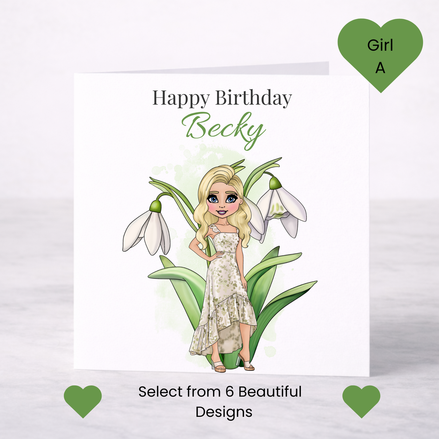 Personalised January Birth Flower Birthday Card – Snowdrop or Carnation, Custom Name, Choice of Girl