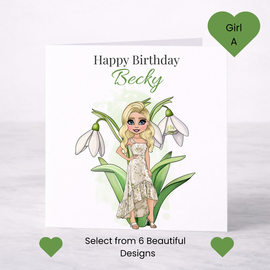 Personalised January Birth Flower Birthday Card – Snowdrop or Carnation, Custom Name, Choice of Girl