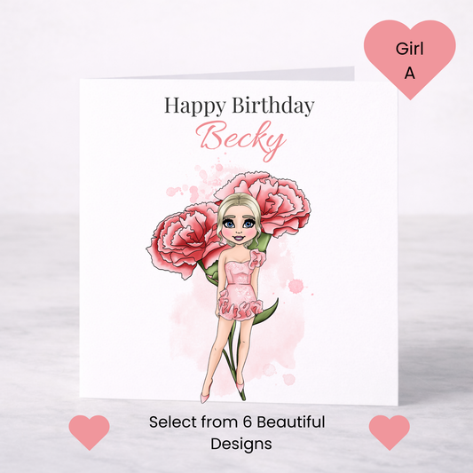Personalised January Birth Flower Birthday Card – Carnation Design, Custom Name, Choice of Girl