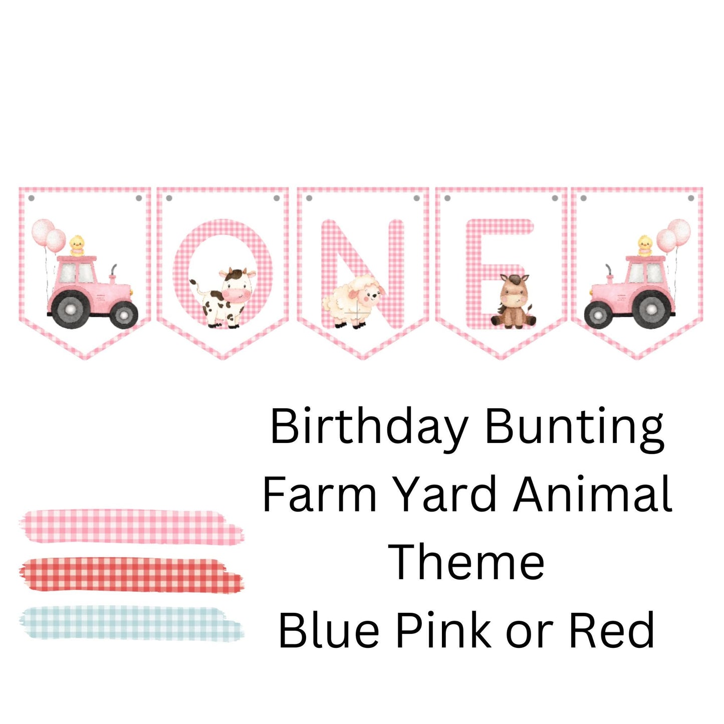 Farm Yard Animal Birthday Bunting – Blue, Pink, or Red Gingham | Ages 1–3