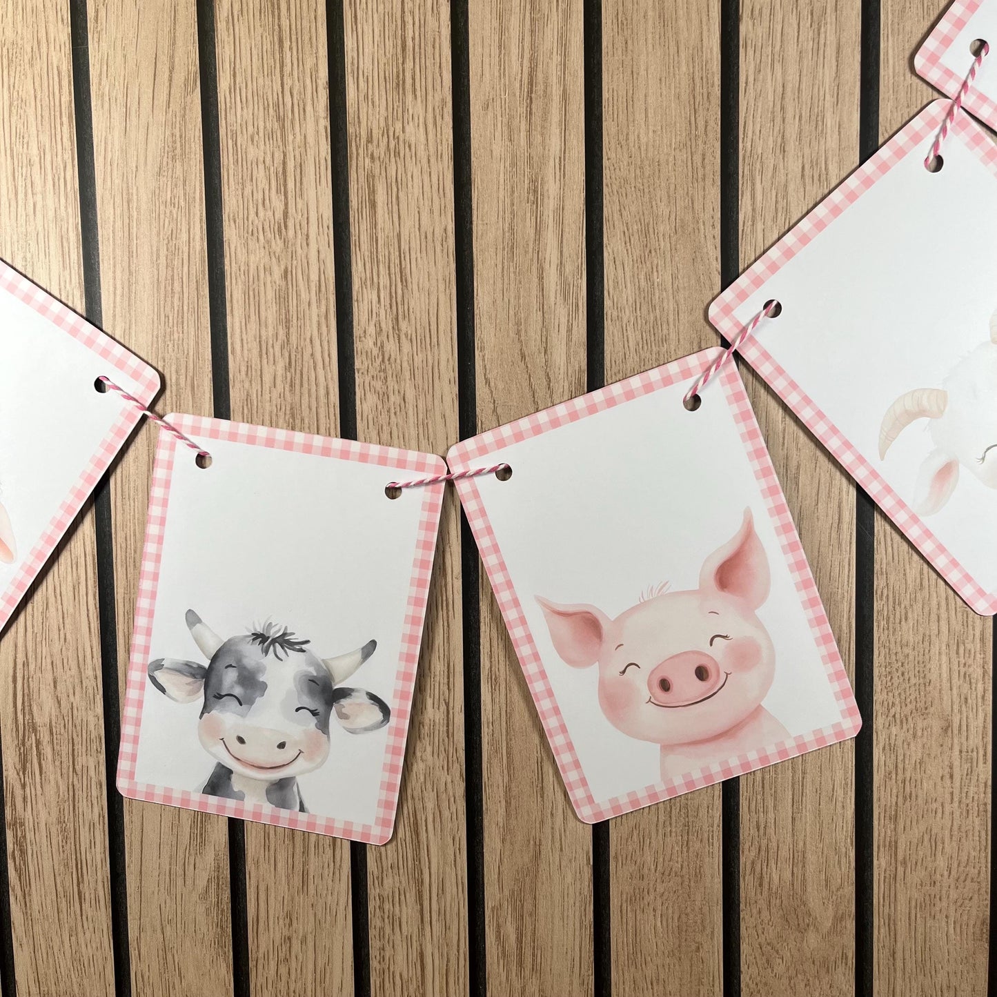 Farmyard Animal Portrait Bunting – Gingham Edge Party Garland – Pig, Cow, Lamb & Donkey