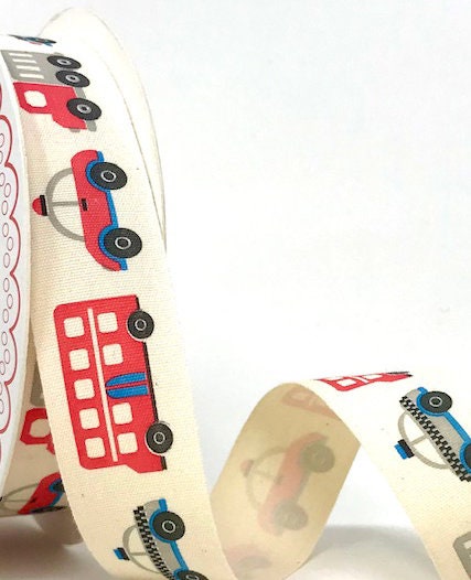 Transport Theme Ribbon, Cars Bus Truck Police Car Cotton Ribbon,  baby ribbon, boys ribbon, cake ribbon, craft ribbon,  25 mm or 15 mm wide