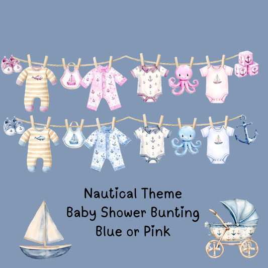 Nautical Baby Shower Bunting – Blue or Pink Baby Clothes Garland