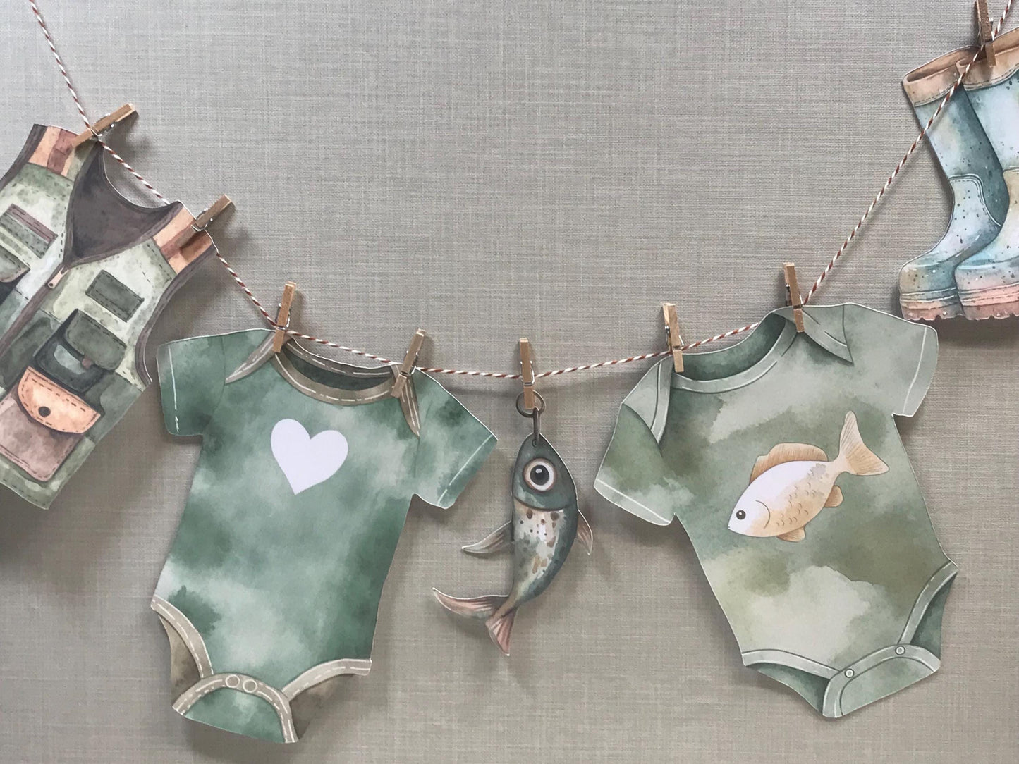 Little Fisherman Baby Shower Bunting Washing Line Style With Mini Wooden Pegs