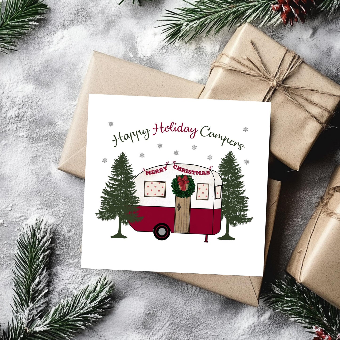 Vintage Caravan Christmas Card: Happy Holidays Camper Theme