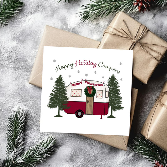Vintage Caravan Christmas Card: Happy Holidays Camper Theme