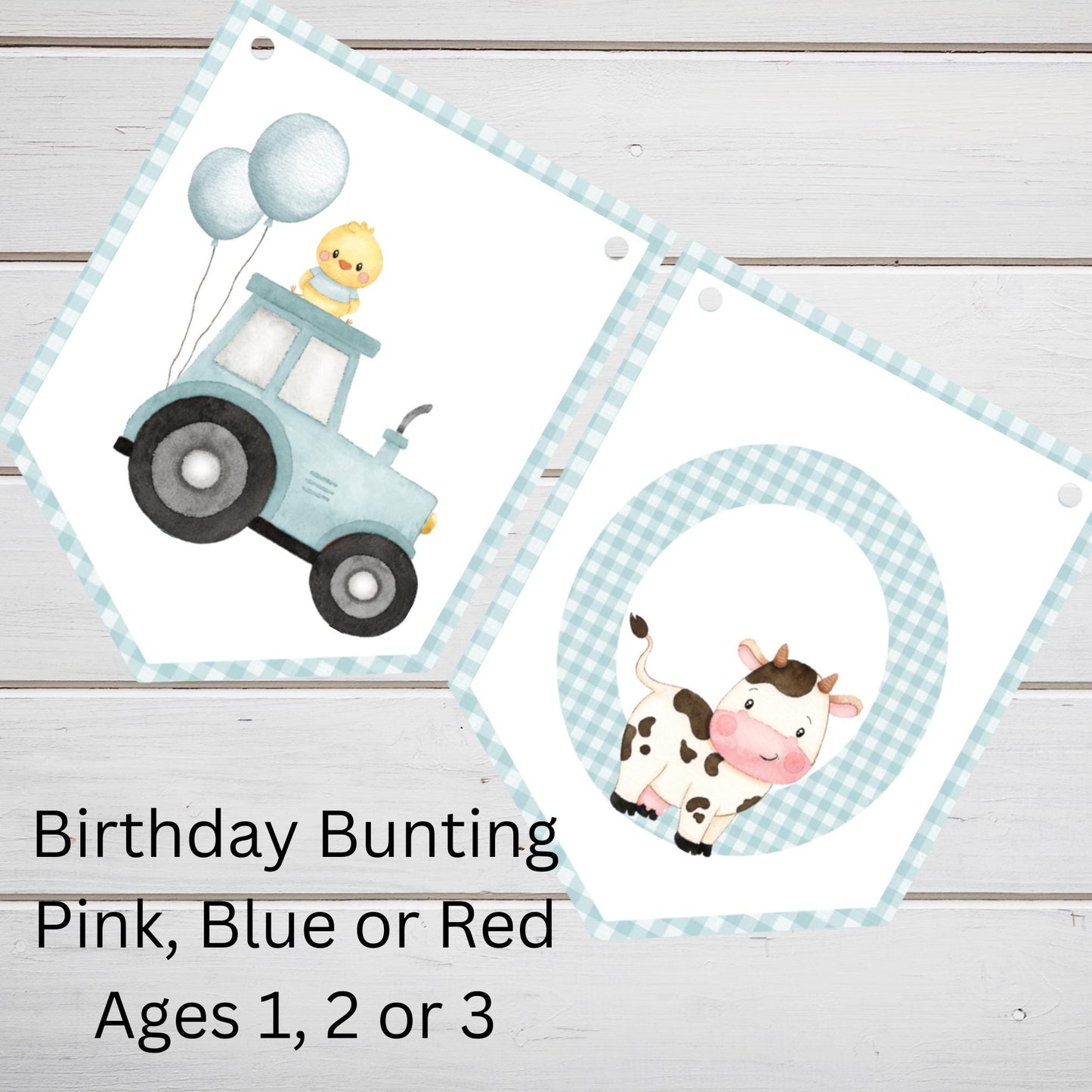 Farm Yard Animal Birthday Bunting – Blue, Pink, or Red Gingham | Ages 1–3