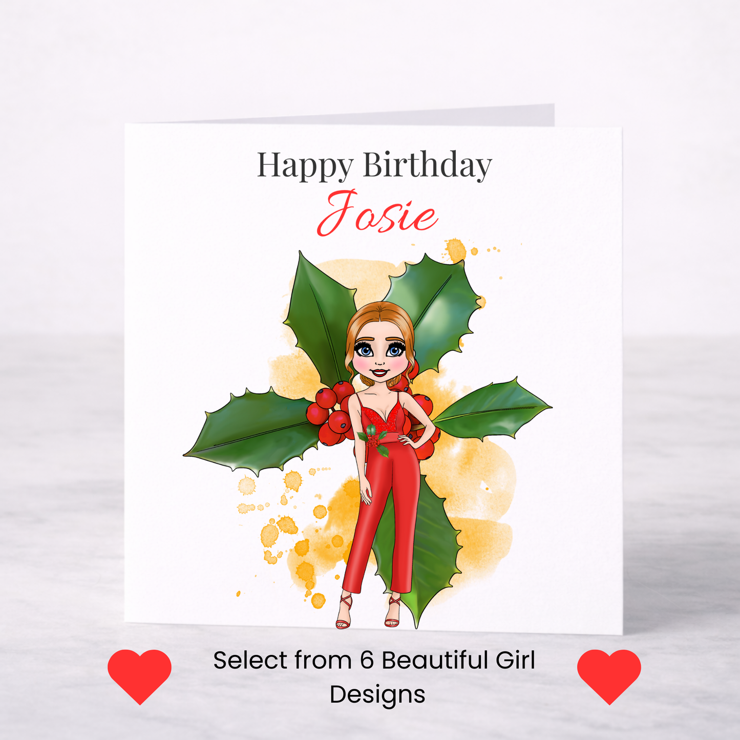 Personalised December Birth Flower Birthday Card – Holly Design, Custom Name, Choice of Girl