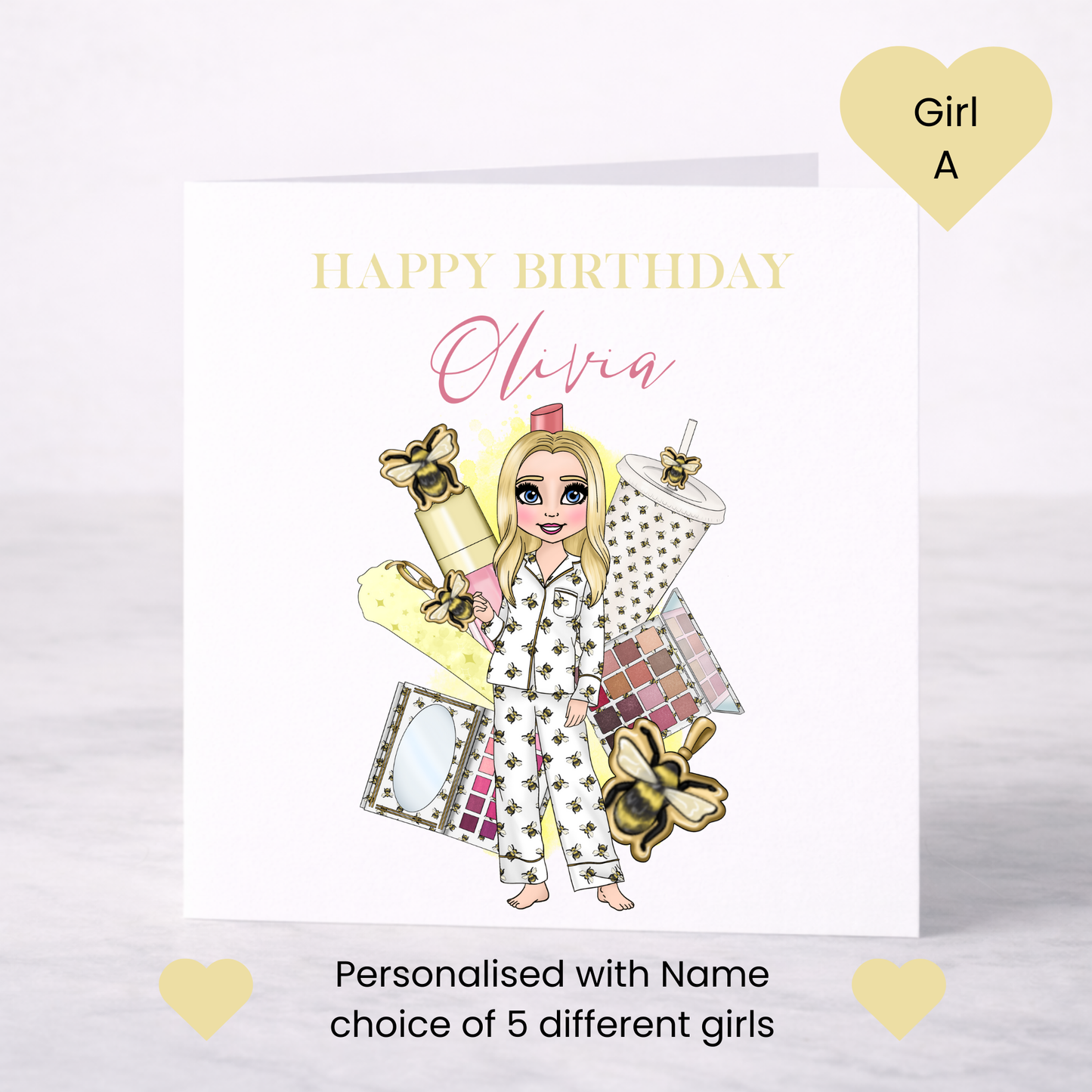 Personalised Makeup Birthday Card – Teen Girl Bee Pyjama Design