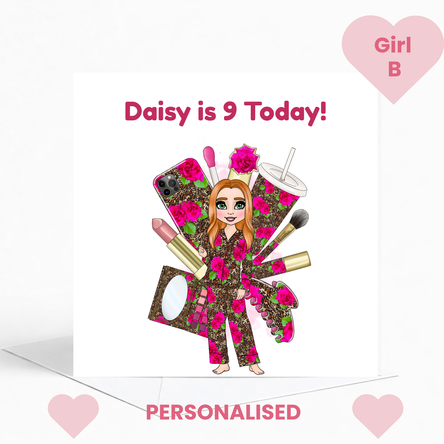 Personalised Makeup & Leopard Print Pyjama Birthday Card for Girls