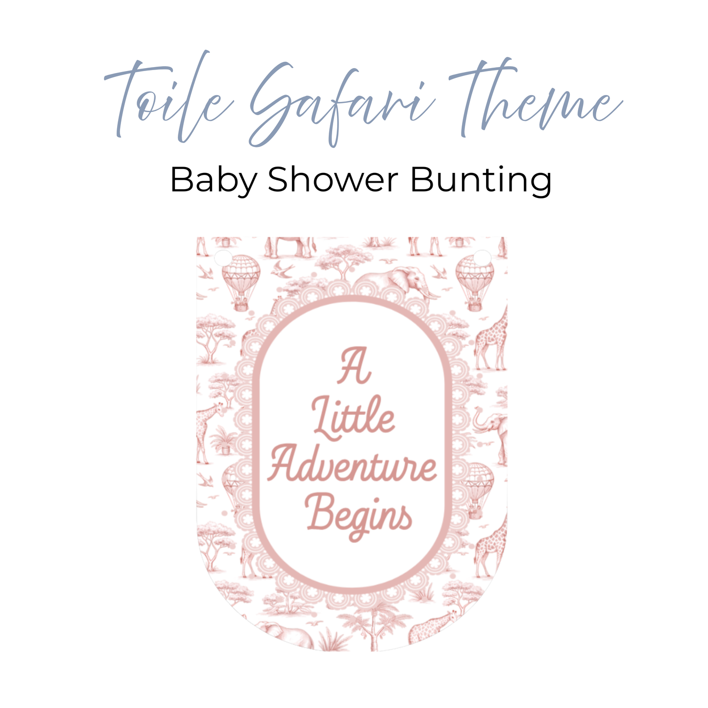 Safari Toile Baby Shower Bunting, A Little Adventure Begins Banner, Safari Animal Garland, Blue Pink Sage Baby Shower Decorations