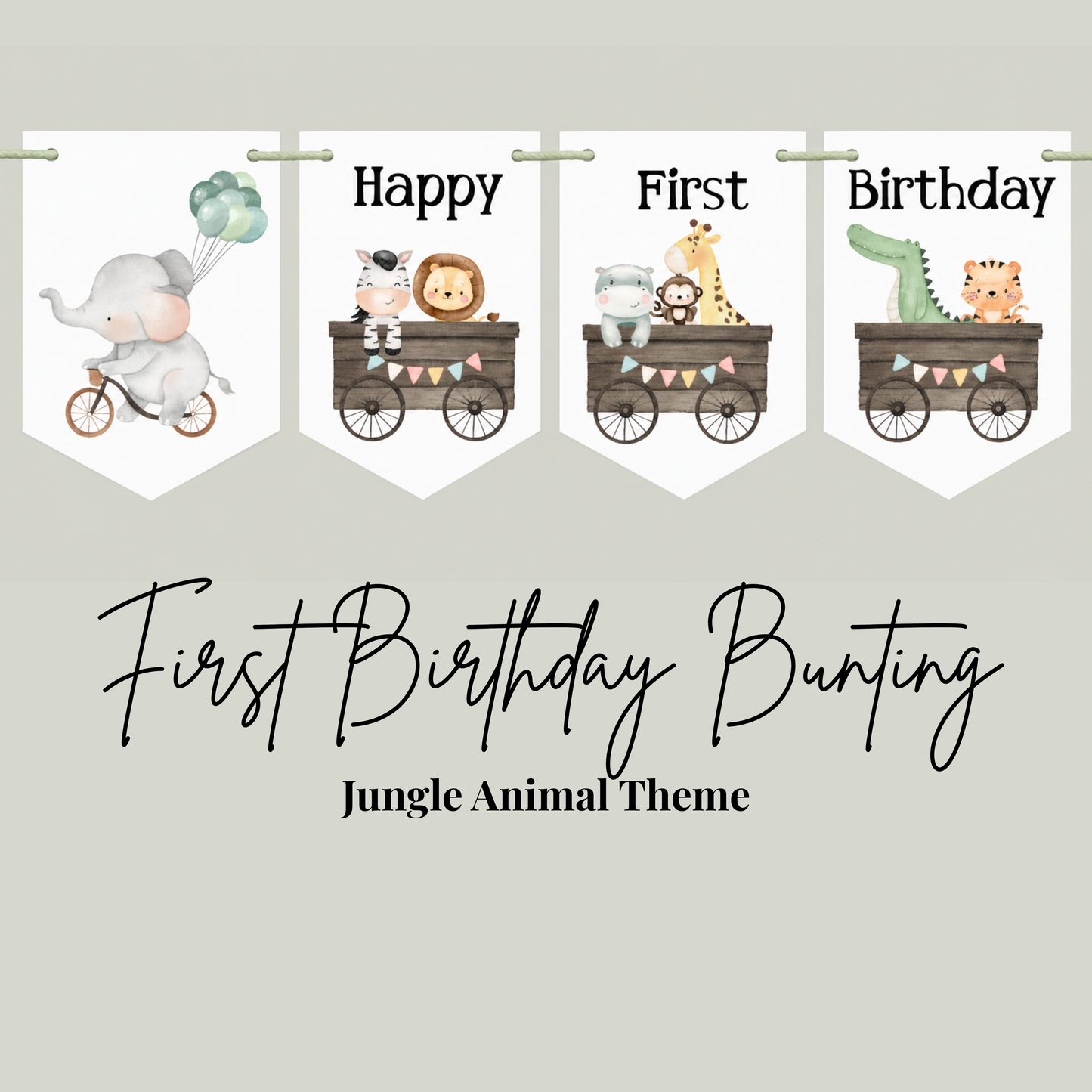 Jungle Animal First Birthday Bunting – Safari Elephant Birthday Banner