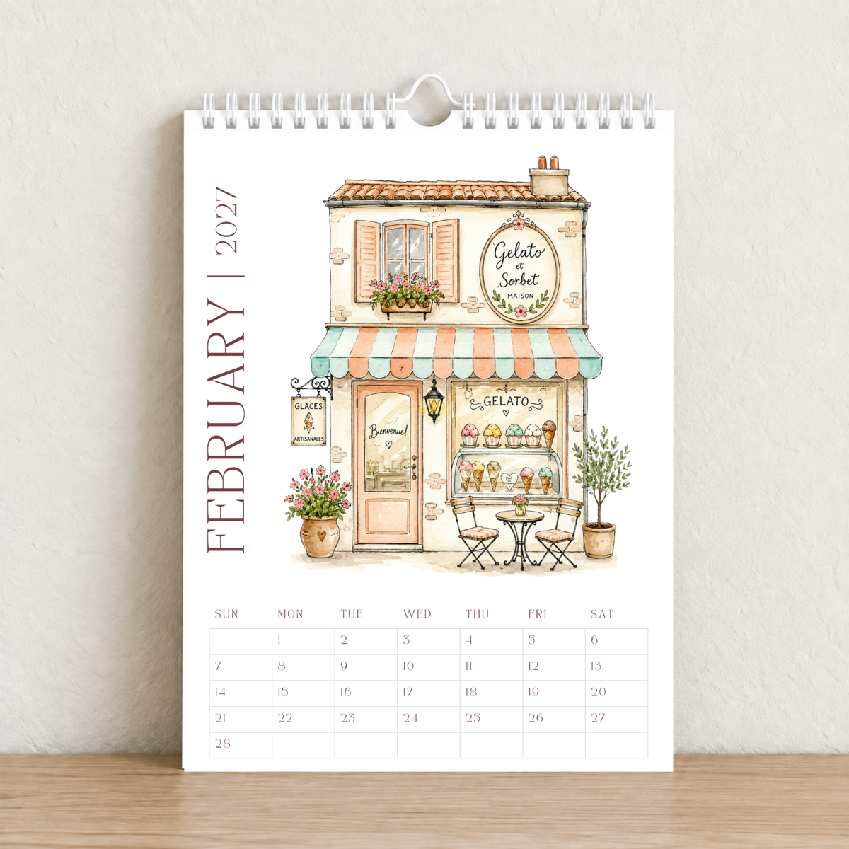 Little French Cafés 2027 A4 Wall Calendar - Design A