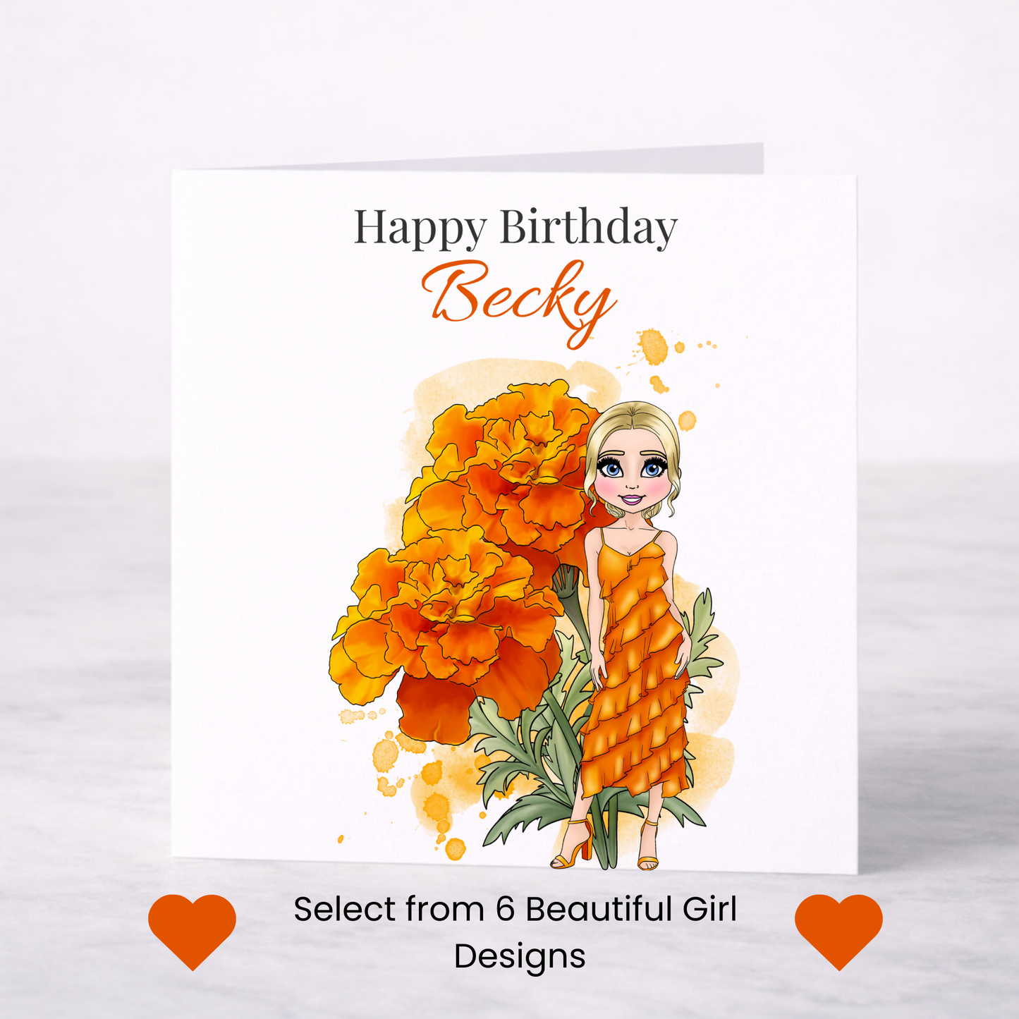Personalised October Birth Flower Birthday Card – Marigold Design, Custom Name, Choice of Girl