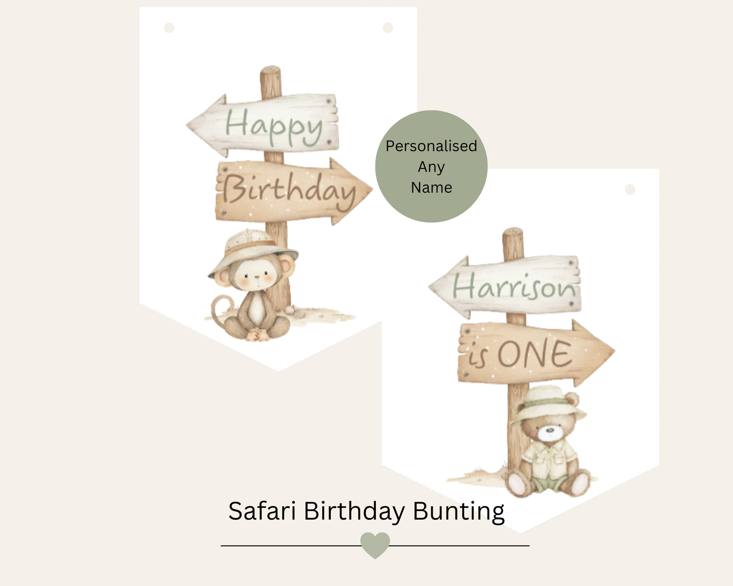 Safari Birthday Bunting Personalised Jungle Animal Banner Wild One Party Decorations Ages 1-5