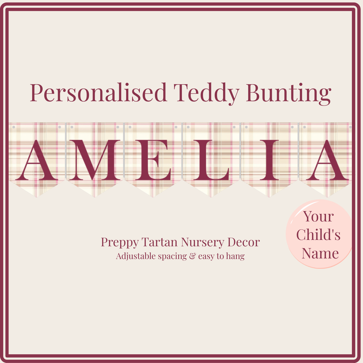Personalised Preppy Teddy Bear Name Bunting – Blush Tartan Girl Nursery Decoration