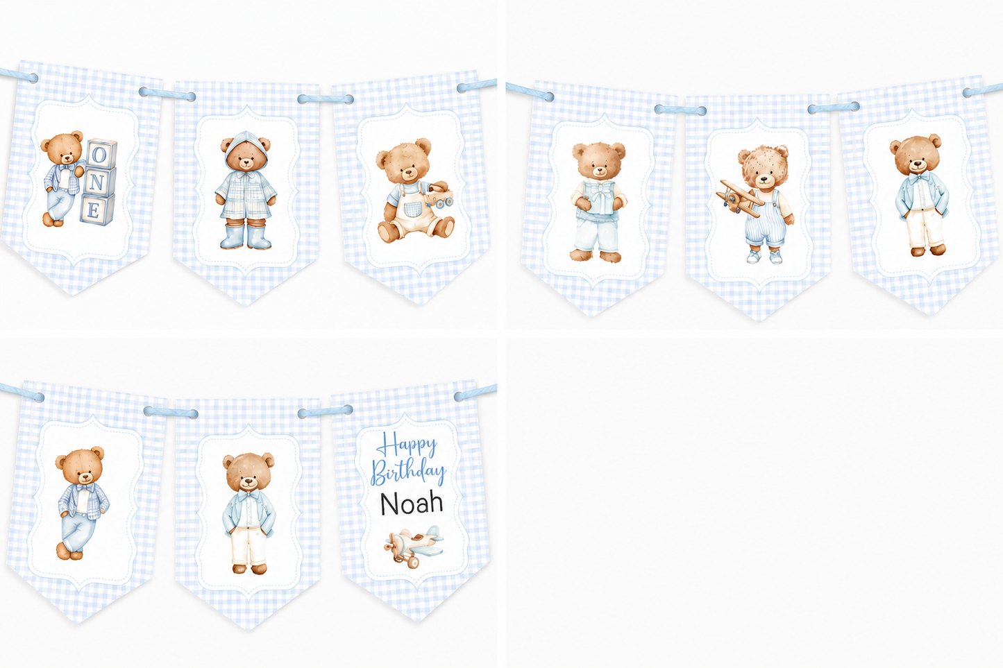 Personalised Teddy Bear Birthday Bunting | Blue Gingham 1st & 2nd Birthday Banner
